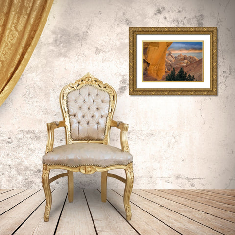 UT, Arches NP Setting sun illumines Skyline Arch Gold Ornate Wood Framed Art Print with Double Matting by Paulson, Don
