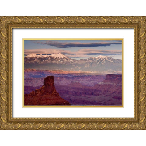 UT, Dead Horse Point SP  La Sal Mts at sunset Gold Ornate Wood Framed Art Print with Double Matting by Paulson, Don
