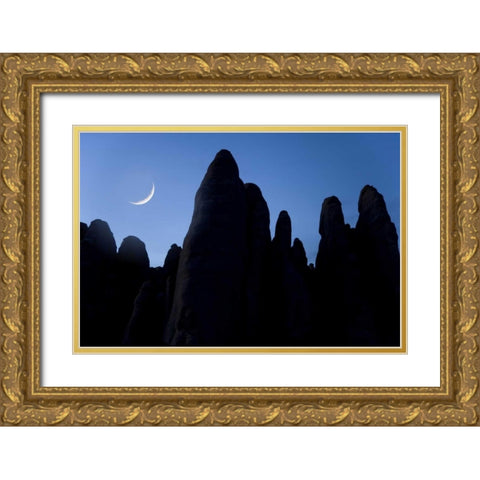 UT, Arches NP Crescent moon and silhouette Gold Ornate Wood Framed Art Print with Double Matting by Paulson, Don