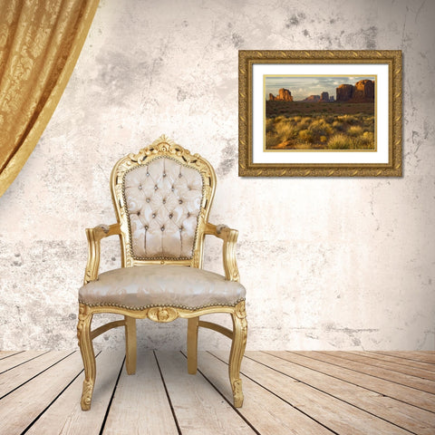 UT, Monument Valley landscape at sunrise Gold Ornate Wood Framed Art Print with Double Matting by OBrien, Jay