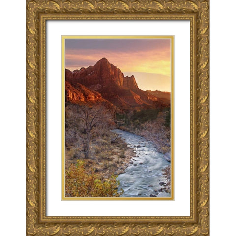 UT, Zion NP The Watchman and Virgin River Gold Ornate Wood Framed Art Print with Double Matting by Welling, Dave
