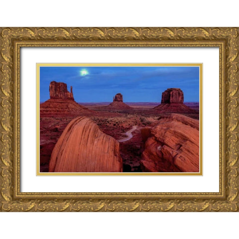 UT, Monument Valley Moon and landscape Gold Ornate Wood Framed Art Print with Double Matting by OBrien, Jay