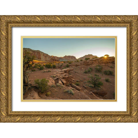 USA- Utah- Capitol Reef National Park. Sunrise sunburst on landscape. Gold Ornate Wood Framed Art Print with Double Matting by Jaynes Gallery