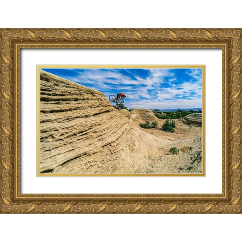Mountain biker balances courage and danger and attempting to avoid crash on Red Rock-Utah-USA (MR) Gold Ornate Wood Framed Art Print with Double Matting by Garber, Howie