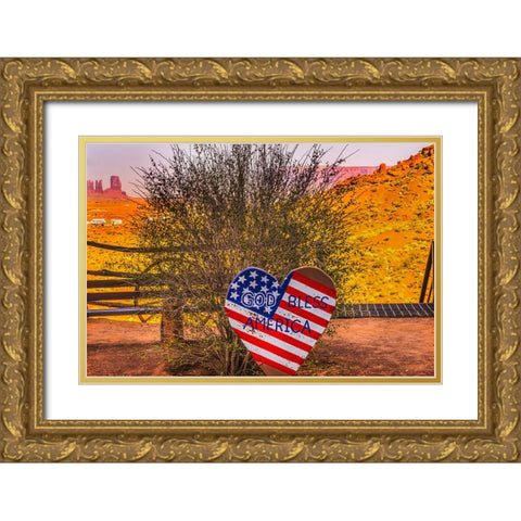 God Bless America sign-Monument Valley-Utah Gold Ornate Wood Framed Art Print with Double Matting by Perry, William