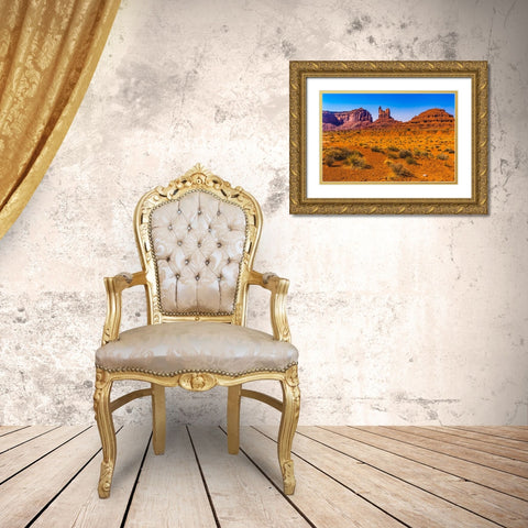 Colorful Sitting Hen Butte rock formation-Monument Valley-Utah Gold Ornate Wood Framed Art Print with Double Matting by Perry, William