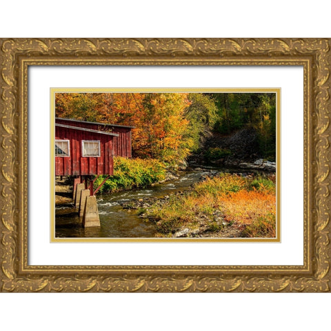USA-Vermont-Stowe-red mill on Little River as it flows south of Stowe to Winooski River-fall foliage Gold Ornate Wood Framed Art Print with Double Matting by Jones, Allison