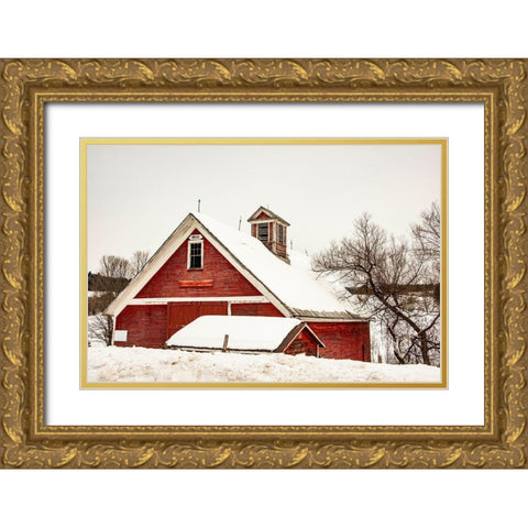 USA-Vermont-Cambridge-Lower Pleasant Valley Road-red barn in snow Gold Ornate Wood Framed Art Print with Double Matting by Jones, Alison