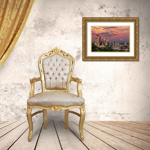 Seattle-Washington State skyline and distant Mt Rainier Gold Ornate Wood Framed Art Print with Double Matting by Jones, Adam