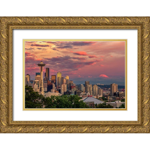 Seattle-Washington State skyline and distant Mt Rainier Gold Ornate Wood Framed Art Print with Double Matting by Jones, Adam