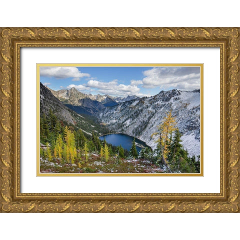Lake Ann and golden larches after autumn snowfall North Cascades-Washington State Gold Ornate Wood Framed Art Print with Double Matting by Majchrowicz, Alan