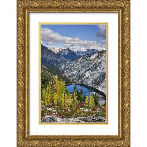 Lake Ann and golden larches after autumn snowfall North Cascades-Washington State Gold Ornate Wood Framed Art Print with Double Matting by Majchrowicz, Alan