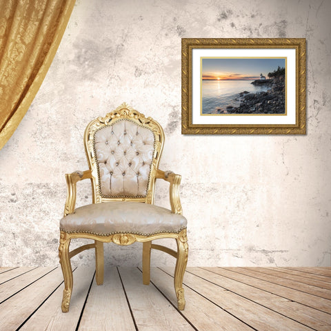 Lime Kiln Lighthouse at sunset-Lime Kiln Point State Park-San Juan Island-Washington State Gold Ornate Wood Framed Art Print with Double Matting by Majchrowicz, Alan