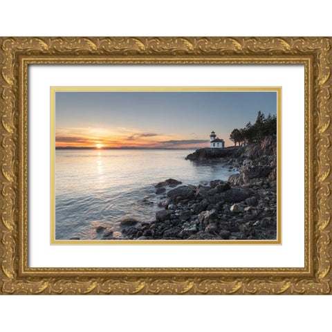 Lime Kiln Lighthouse at sunset-Lime Kiln Point State Park-San Juan Island-Washington State Gold Ornate Wood Framed Art Print with Double Matting by Majchrowicz, Alan