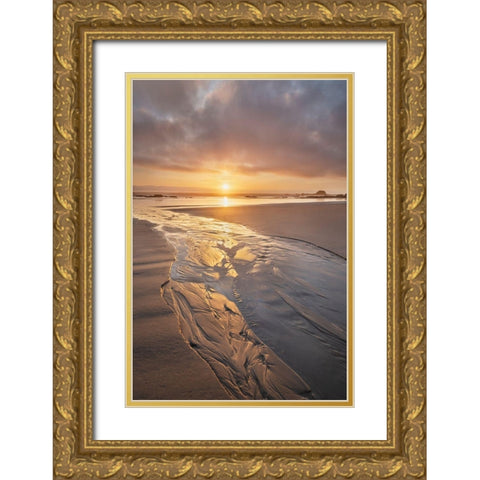 Stream flowing into the Pacific Ocean at sunset-Kalaloch Beach Olympic National Park Gold Ornate Wood Framed Art Print with Double Matting by Majchrowicz, Alan