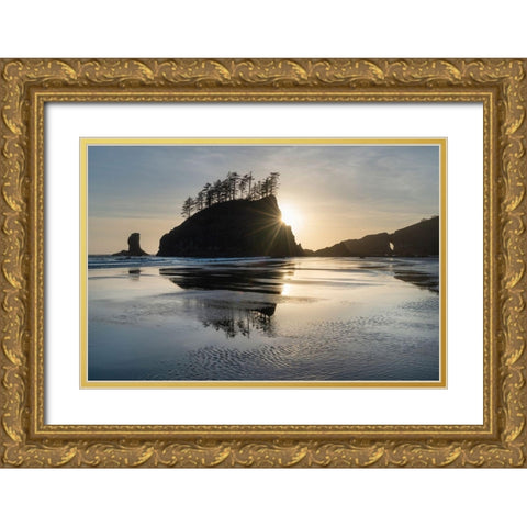 Sunset at Second Beach during low tide-Olympic National Park-Washington State Gold Ornate Wood Framed Art Print with Double Matting by Majchrowicz, Alan