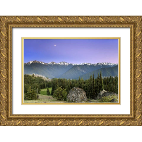 WA, Olympic NP Moonrise viewed from Deer Park Gold Ornate Wood Framed Art Print with Double Matting by Paulson, Don