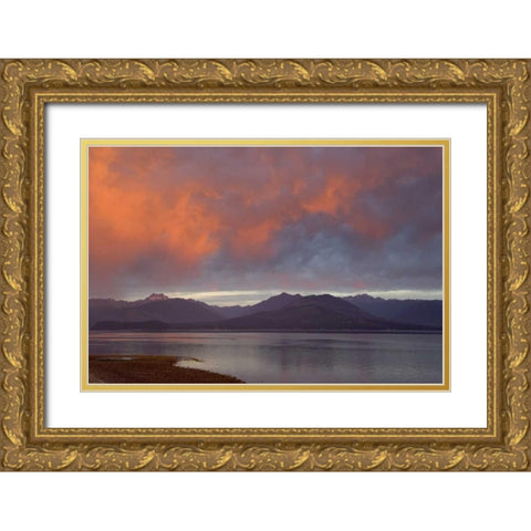 WA, Seabeck Sunset over Hood Canal and Olympics Gold Ornate Wood Framed Art Print with Double Matting by Paulson, Don