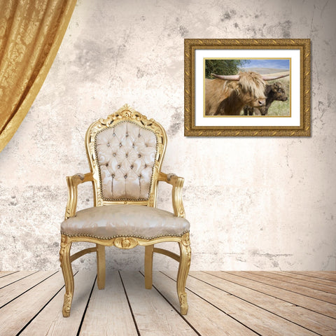 WA, Palouse Scottish highland cattle and calf Gold Ornate Wood Framed Art Print with Double Matting by Paulson, Don