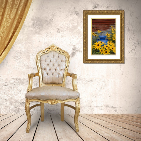 WA, Blue milk can sits amid garden flowers Gold Ornate Wood Framed Art Print with Double Matting by Paulson, Don