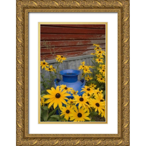 WA, Blue milk can sits amid garden flowers Gold Ornate Wood Framed Art Print with Double Matting by Paulson, Don
