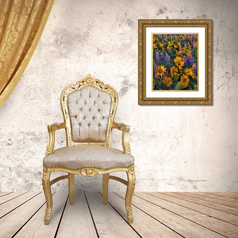 Washington Balsamroot and lupine at dusk Gold Ornate Wood Framed Art Print with Double Matting by Terrill, Steve