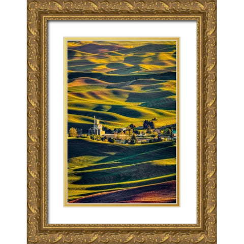 Washington State-Palouse Steptoe Village and farmland at sunset  Gold Ornate Wood Framed Art Print with Double Matting by Jaynes Gallery