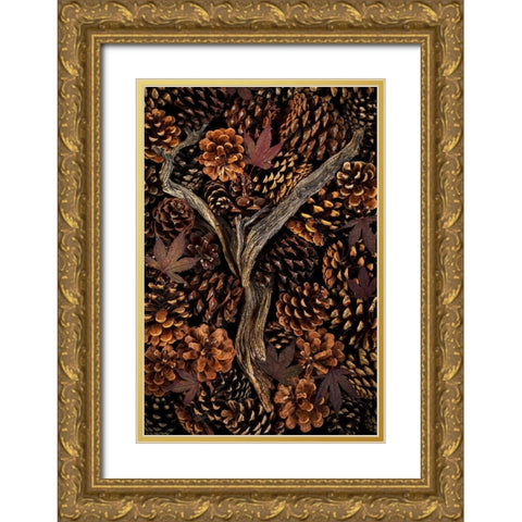 Washington State-Seabeck Pine cones and fall leaves  Gold Ornate Wood Framed Art Print with Double Matting by Jaynes Gallery