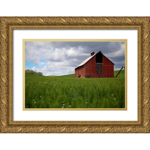Washington State-Palouse Red barn in farm field Gold Ornate Wood Framed Art Print with Double Matting by Jaynes Gallery