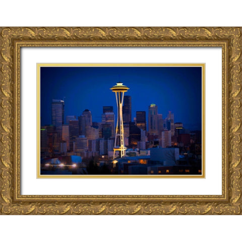 Washington State Abstract of downtown and Space Needle Gold Ornate Wood Framed Art Print with Double Matting by Jaynes Gallery