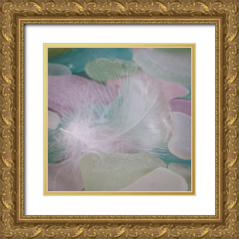 USA- Washington State- Seabeck. Feather and beach glass close-up. Gold Ornate Wood Framed Art Print with Double Matting by Jaynes Gallery