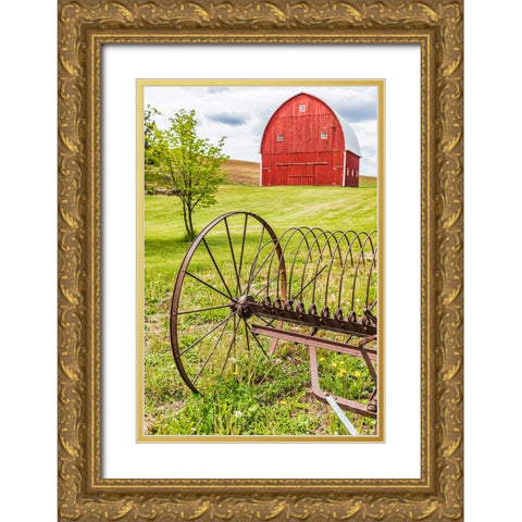Albion-Washington State-USA-Red barns and antique farm equipment in the Palouse hills Gold Ornate Wood Framed Art Print with Double Matting by Wilson, Emily M.