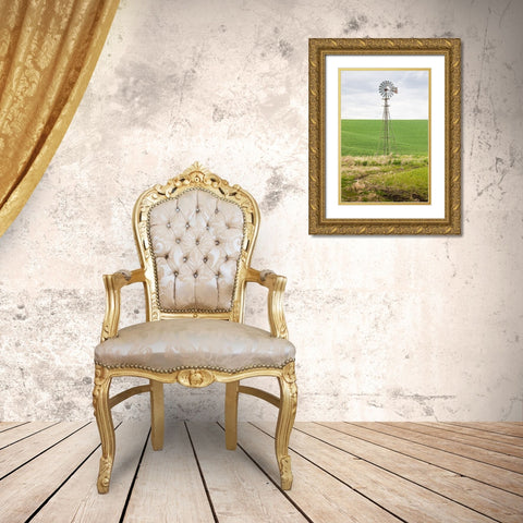 Palouse-Washington State-USA-Windmill in wheat field in the Palouse hills Gold Ornate Wood Framed Art Print with Double Matting by Wilson, Emily M.