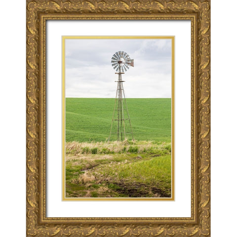 Palouse-Washington State-USA-Windmill in wheat field in the Palouse hills Gold Ornate Wood Framed Art Print with Double Matting by Wilson, Emily M.