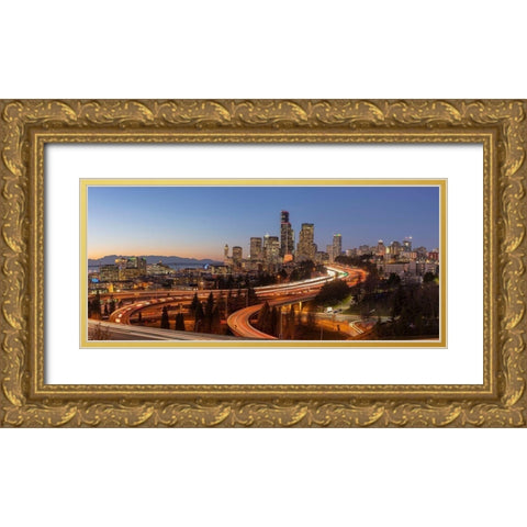 Downtown Seattle skyline in the evening light-Seattle-Washington State Gold Ornate Wood Framed Art Print with Double Matting by Probst, Greg