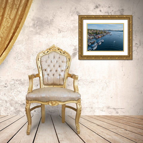 Aerial view of sailboats and houseboats on Lake Union with downtown Seattle in the background Gold Ornate Wood Framed Art Print with Double Matting by Probst, Greg