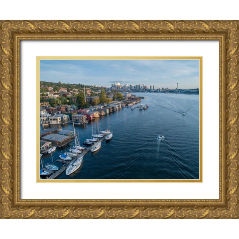 Aerial view of sailboats and houseboats on Lake Union with downtown Seattle in the background Gold Ornate Wood Framed Art Print with Double Matting by Probst, Greg