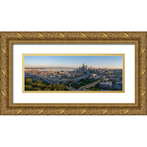 Sunrise view on Seattle-Elliott Bay and the Olympic Mountains as seen from Beacon Hill Gold Ornate Wood Framed Art Print with Double Matting by Probst, Greg