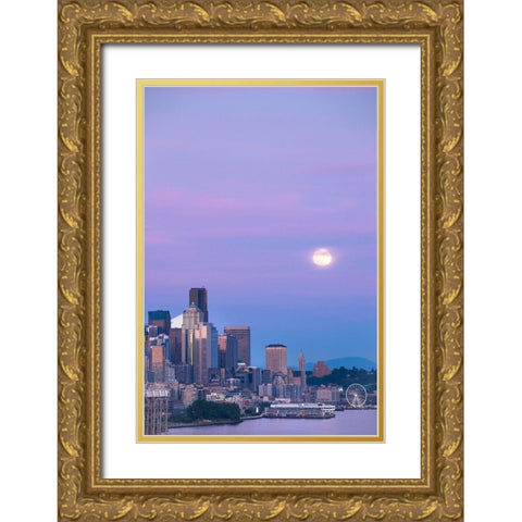 Downtown Seattle with a full moon rising in the evening sky-Seattle-Washington State Gold Ornate Wood Framed Art Print with Double Matting by Probst, Greg