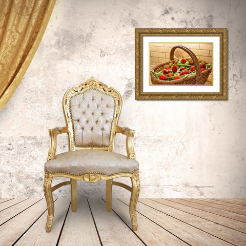 Issaquah- Washington State- USA. Woven basket of freshly harvested green beans and strawberries Gold Ornate Wood Framed Art Print with Double Matting by Horton, Janet