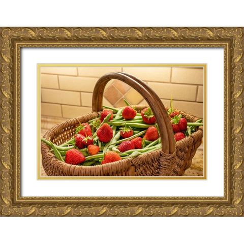 Issaquah- Washington State- USA. Woven basket of freshly harvested green beans and strawberries Gold Ornate Wood Framed Art Print with Double Matting by Horton, Janet