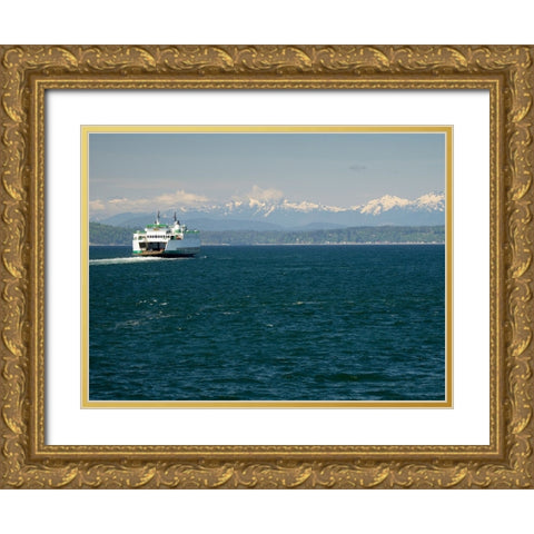 Washington State-Seattle-Washington State Ferry on Elliott Bay-Olympic Mountains in background Gold Ornate Wood Framed Art Print with Double Matting by Wild, Jamie and Judy