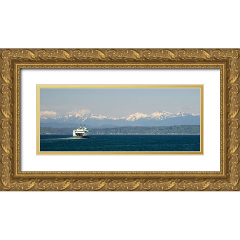 Washington State-Seattle-Washington State Ferry on Elliott Bay-Olympic Mountains in background Gold Ornate Wood Framed Art Print with Double Matting by Wild, Jamie and Judy