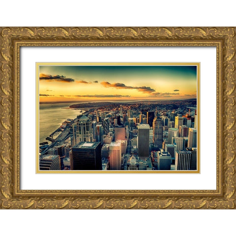 Washington State-Seattle Dusk on the Seattle skyline and Elliot Bay Gold Ornate Wood Framed Art Print with Double Matting by Duval, Richard
