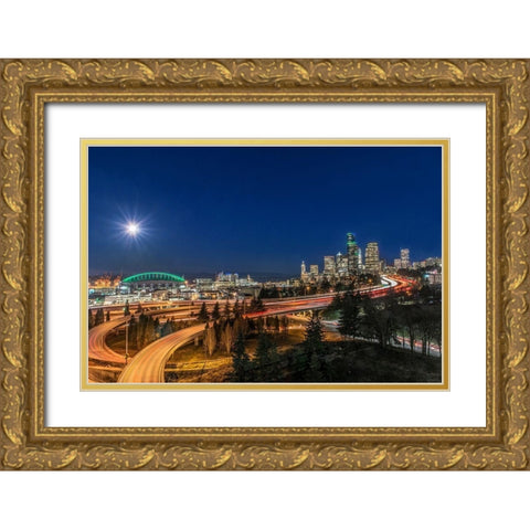 Washington State-Seattle Full Moon Over Downtown Gold Ornate Wood Framed Art Print with Double Matting by Tilley, Rob