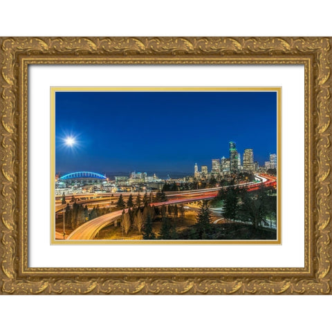 Washington State-Seattle Full Moon Over Downtown Gold Ornate Wood Framed Art Print with Double Matting by Tilley, Rob