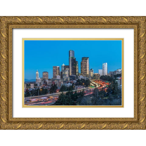 Washington State-Seattle I-5 and Downtown Gold Ornate Wood Framed Art Print with Double Matting by Tilley, Rob