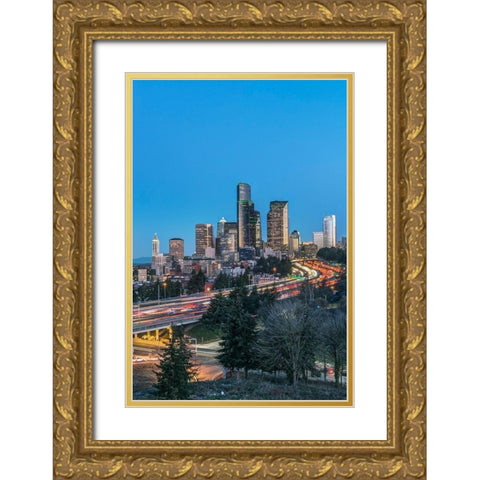 Washington State-Seattle I-5 and Downtown Gold Ornate Wood Framed Art Print with Double Matting by Tilley, Rob