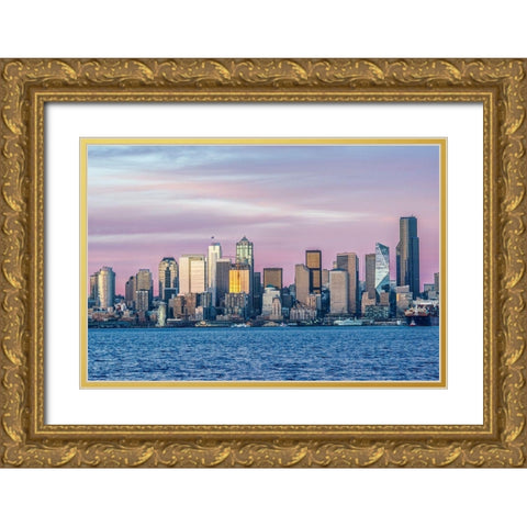 Washington State-Seattle Skyline at Sunset Gold Ornate Wood Framed Art Print with Double Matting by Tilley, Rob