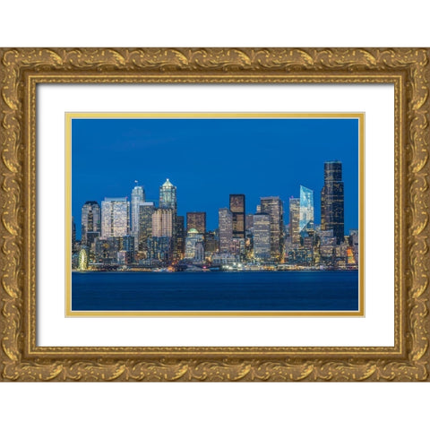 Washington State-Seattle Skyline at Twilight Gold Ornate Wood Framed Art Print with Double Matting by Tilley, Rob